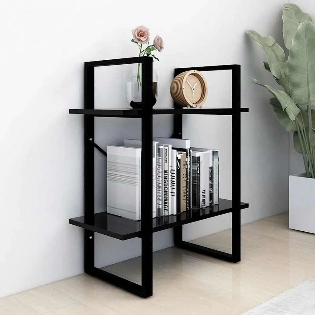 2-Tier Book Cabinet Black Engineered Wood Bookshelf Storage Display Shelves