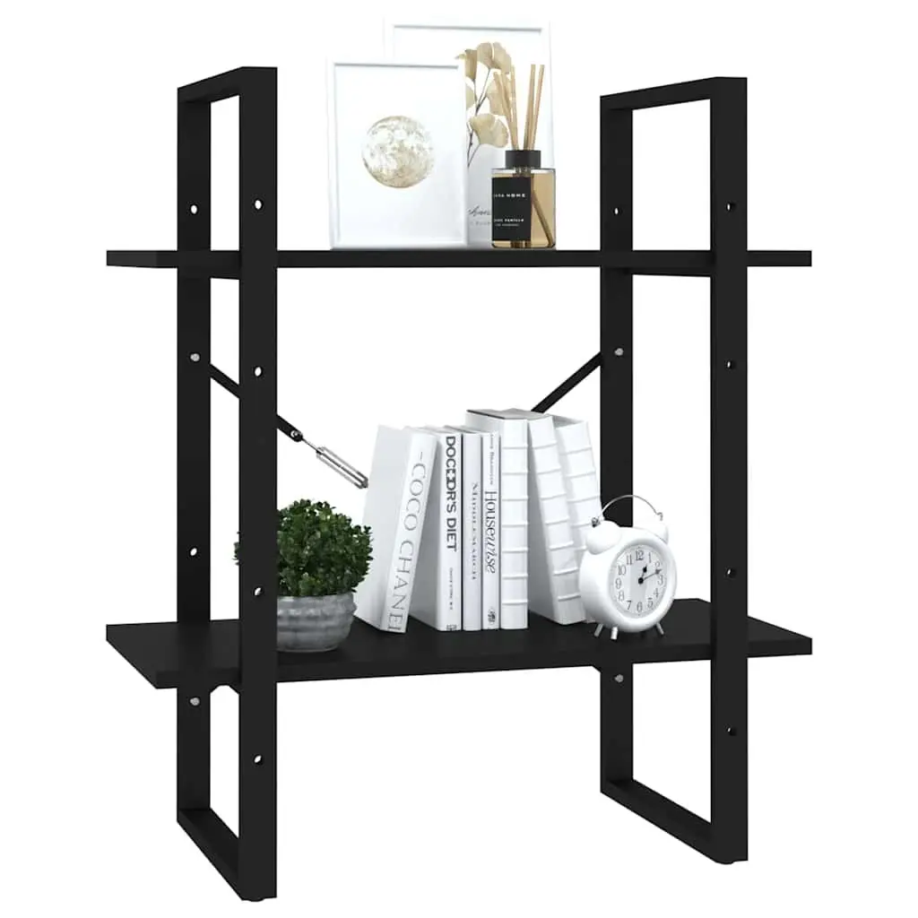 2-Tier Book Cabinet Black Engineered Wood Bookshelf Storage Display Shelves
