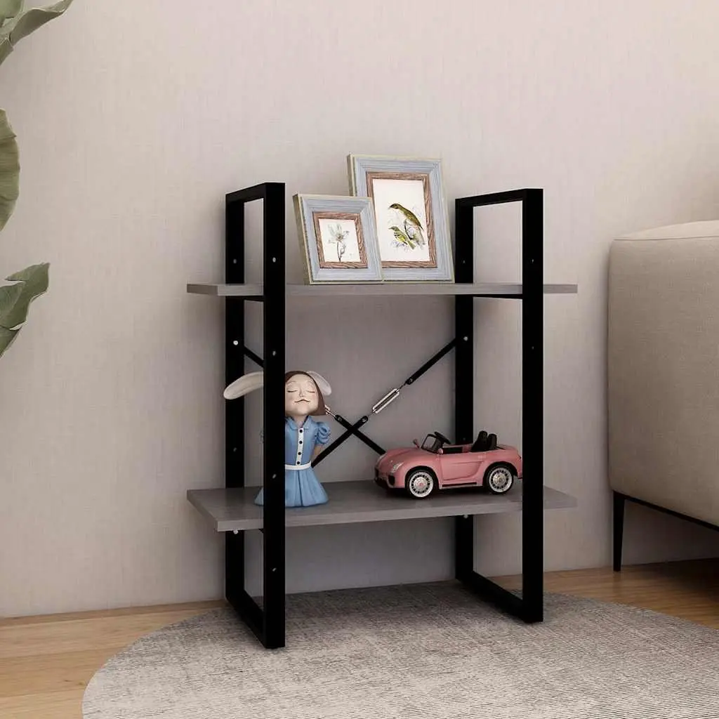 2 Tier Bookshelf Grey Solid Pine Wood Storage Unit Compact Standing Cabinet