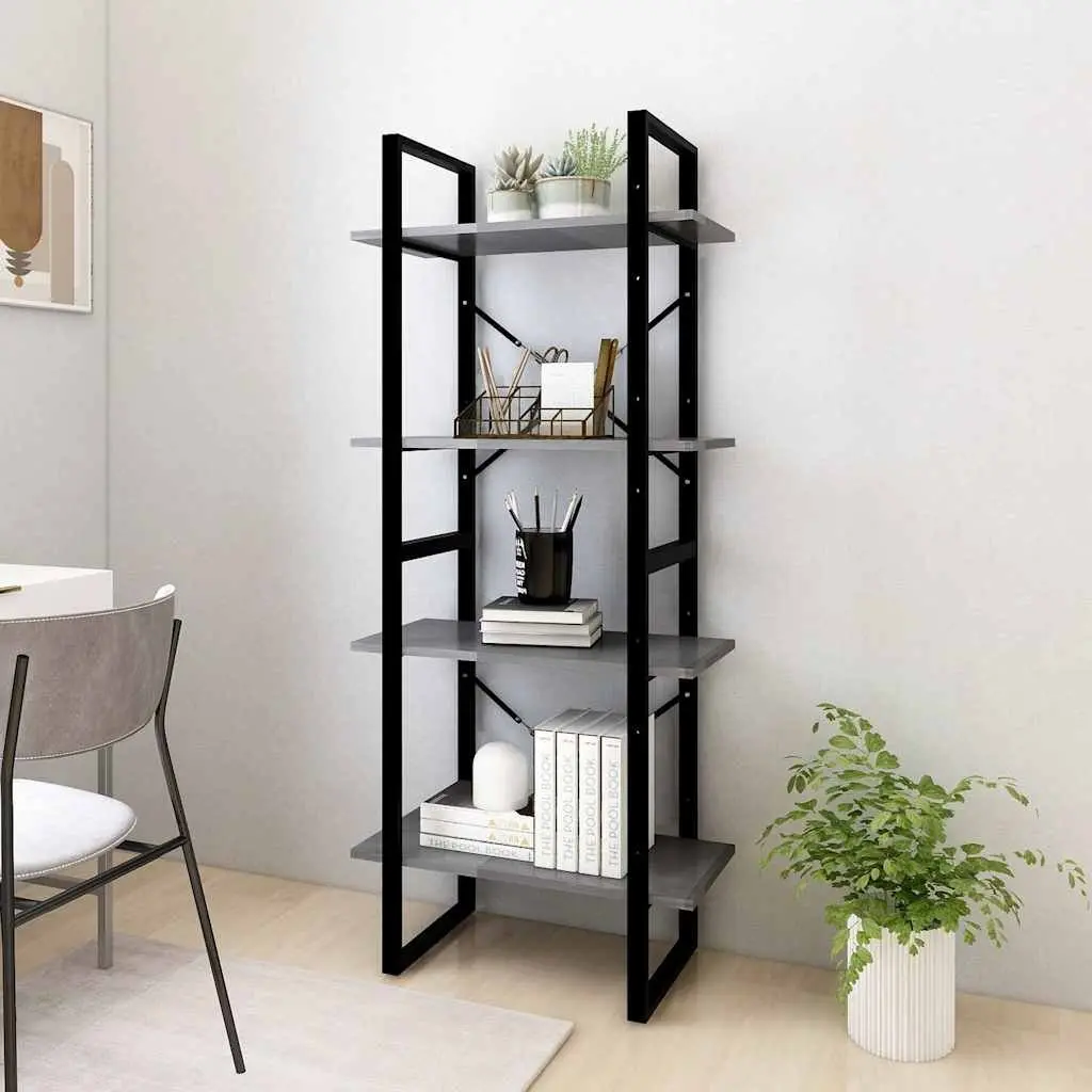 4-Tier Book Cabinet Grey Solid Pine Wood Bookshelf Storage Shelving Unit