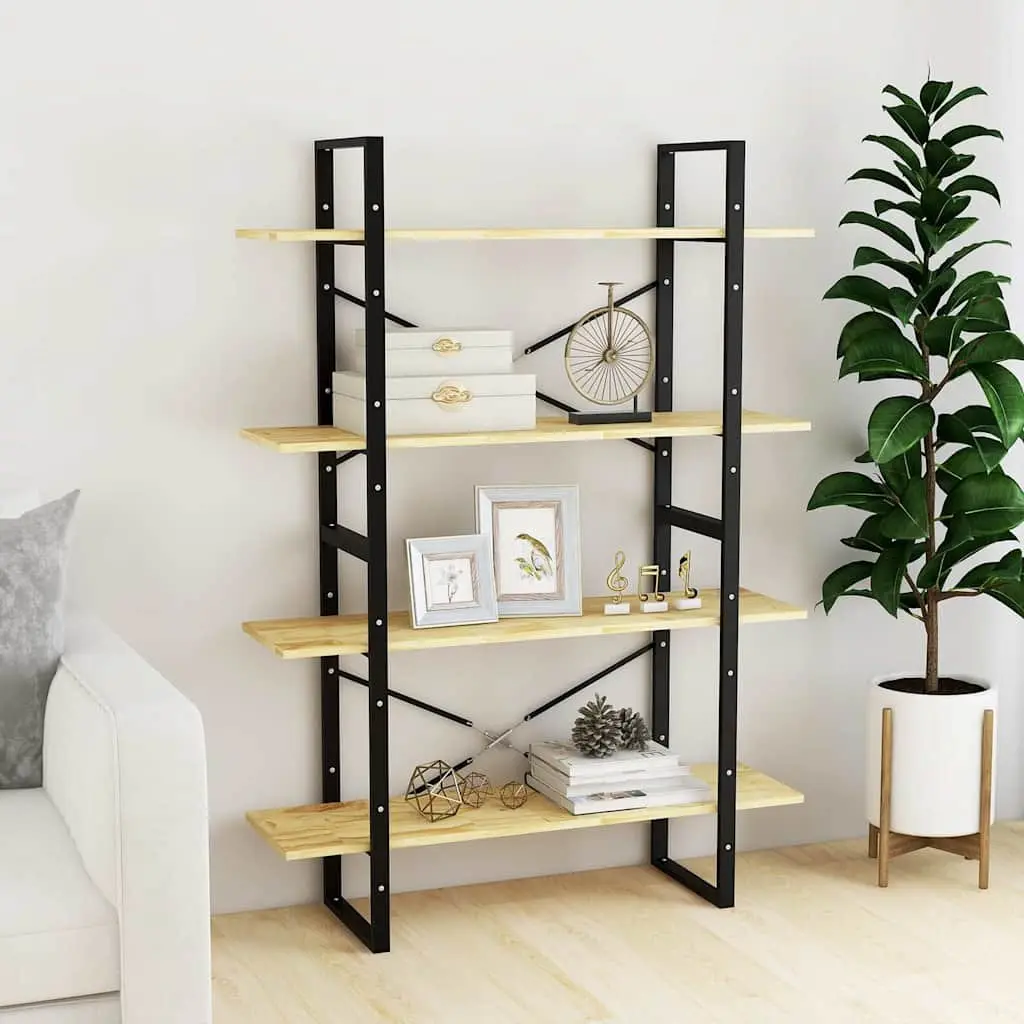 Solid Pine Wood Book Cabinet Brown 4 Tier 100cm Wide 30cm Deep 140cm High Storage Shelving Unit