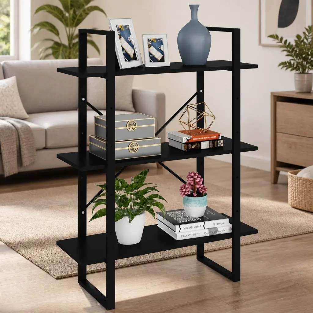Bookcase Engineered Wood and Metal Frame 3 Shelf Black Storage Unit