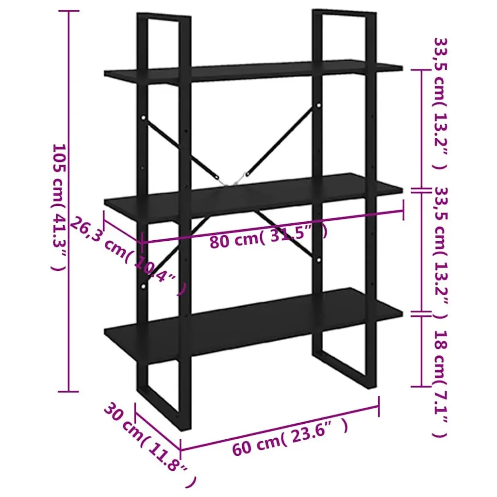 Bookcase Engineered Wood and Metal Frame 3 Shelf Black Storage Unit