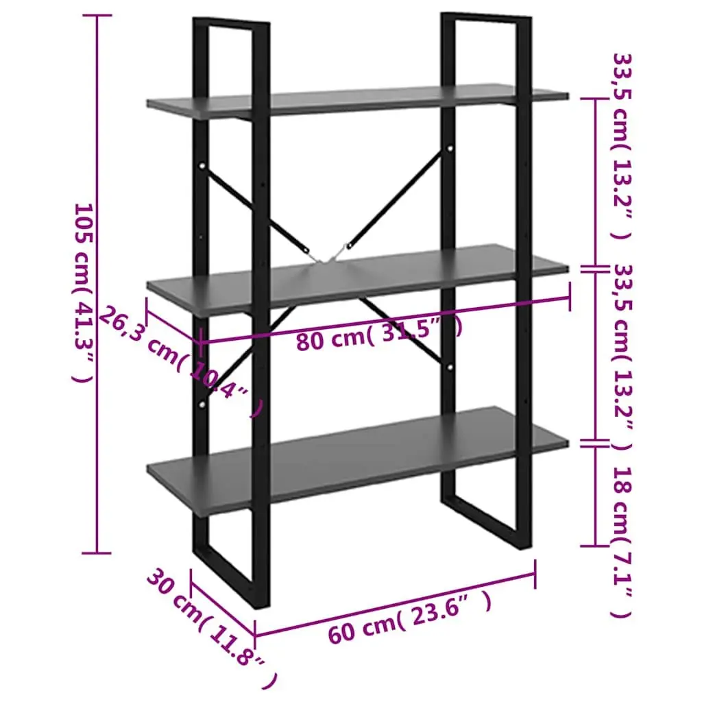 Book Cabinet Engineered Wood and Metal Frame 80W x 30D x 105H cm Grey Storage Shelving Unit