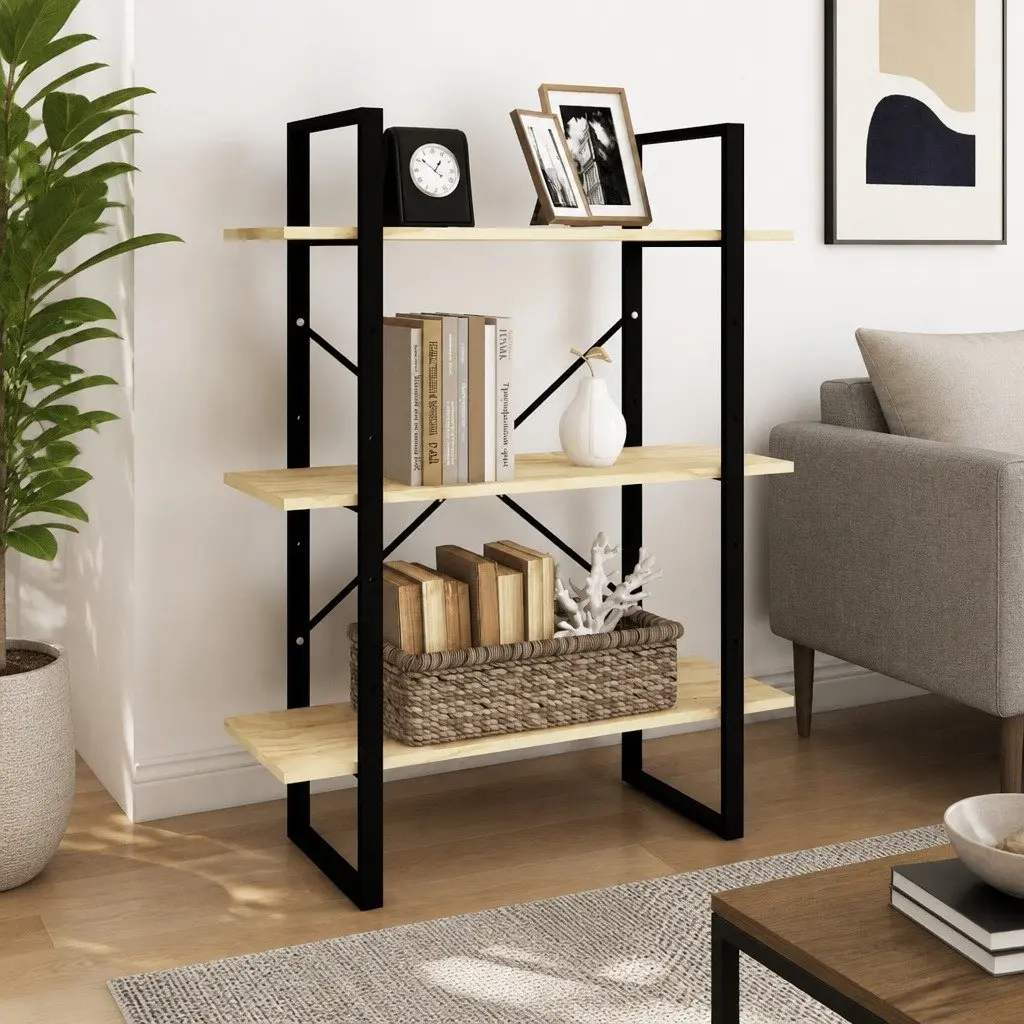 Solid Pine Wood Bookshelf Storage Unit 3-Tier Display Cabinet Brown 80W x 30D x 105H cm