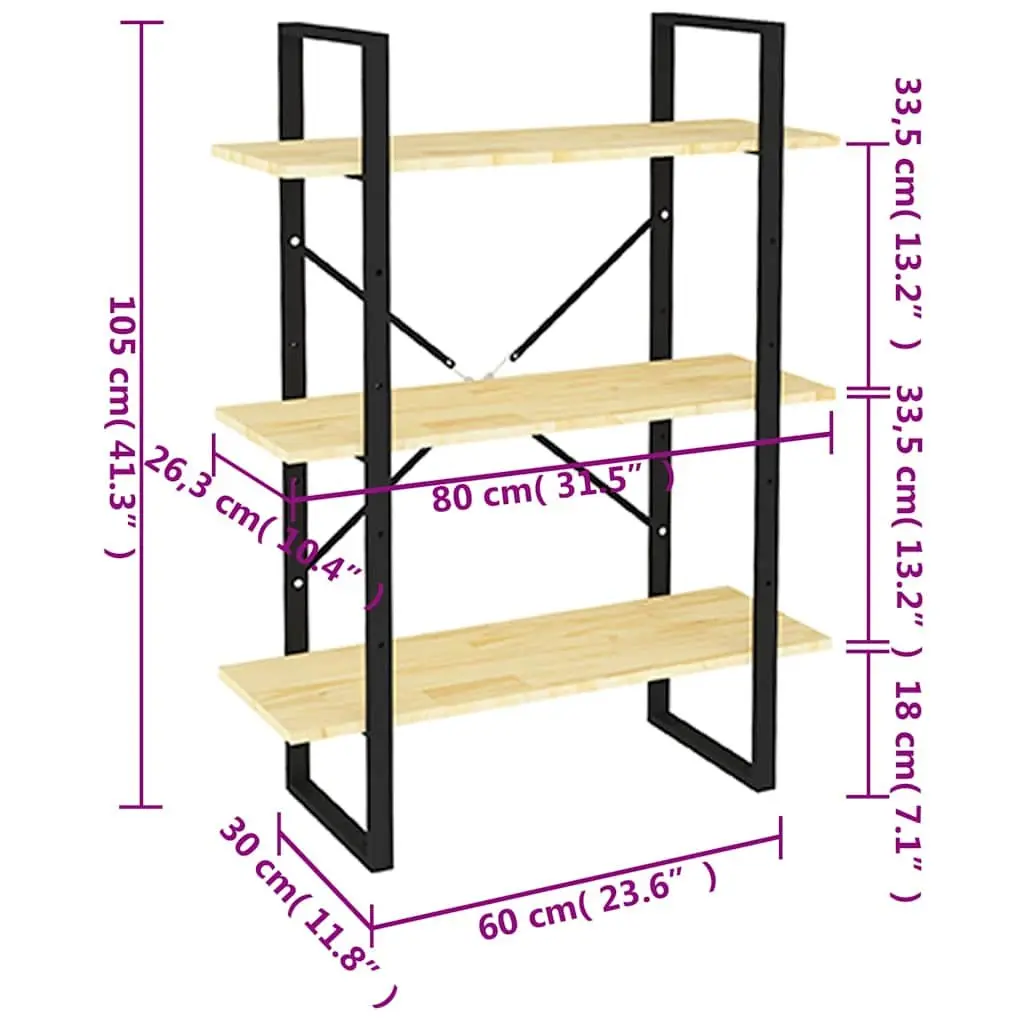Solid Pine Wood Bookshelf Storage Unit 3-Tier Display Cabinet Brown 80W x 30D x 105H cm