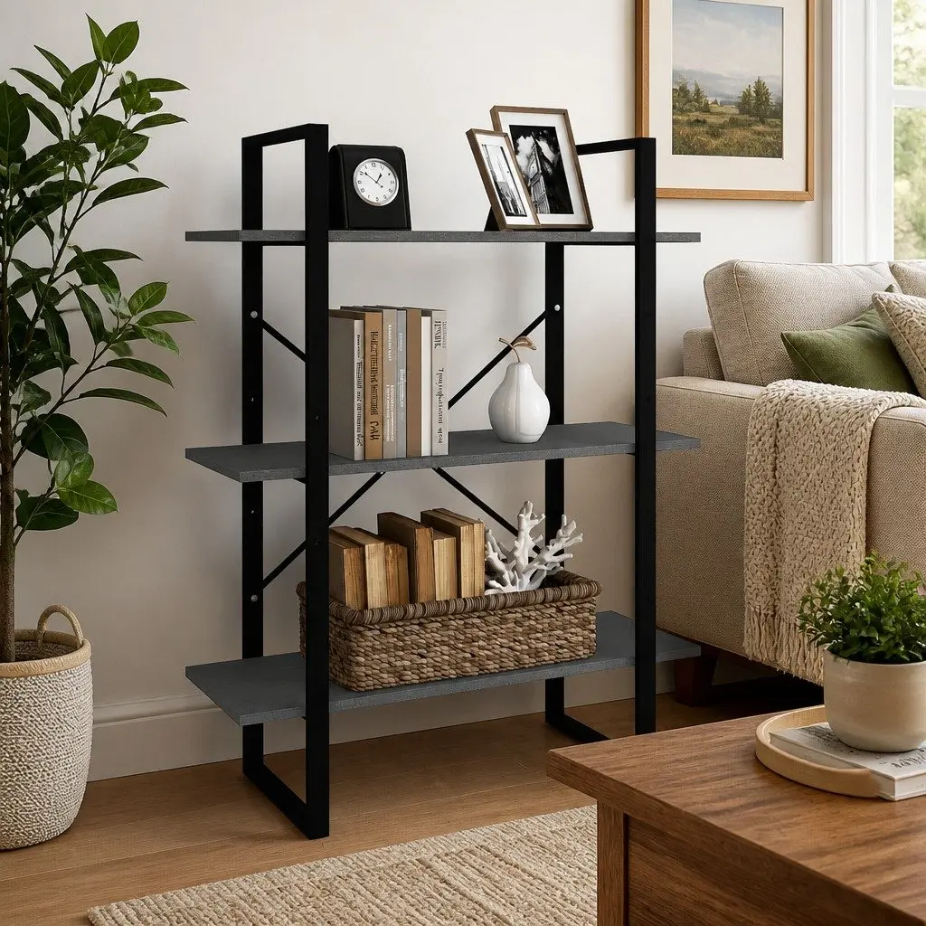 Wooden Book Cabinet Grey Solid Pine 3 Tier Storage Display Unit