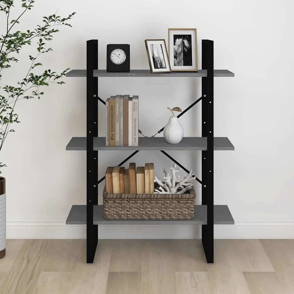 Wooden Book Cabinet Grey Solid Pine 3 Tier Storage Display Unit