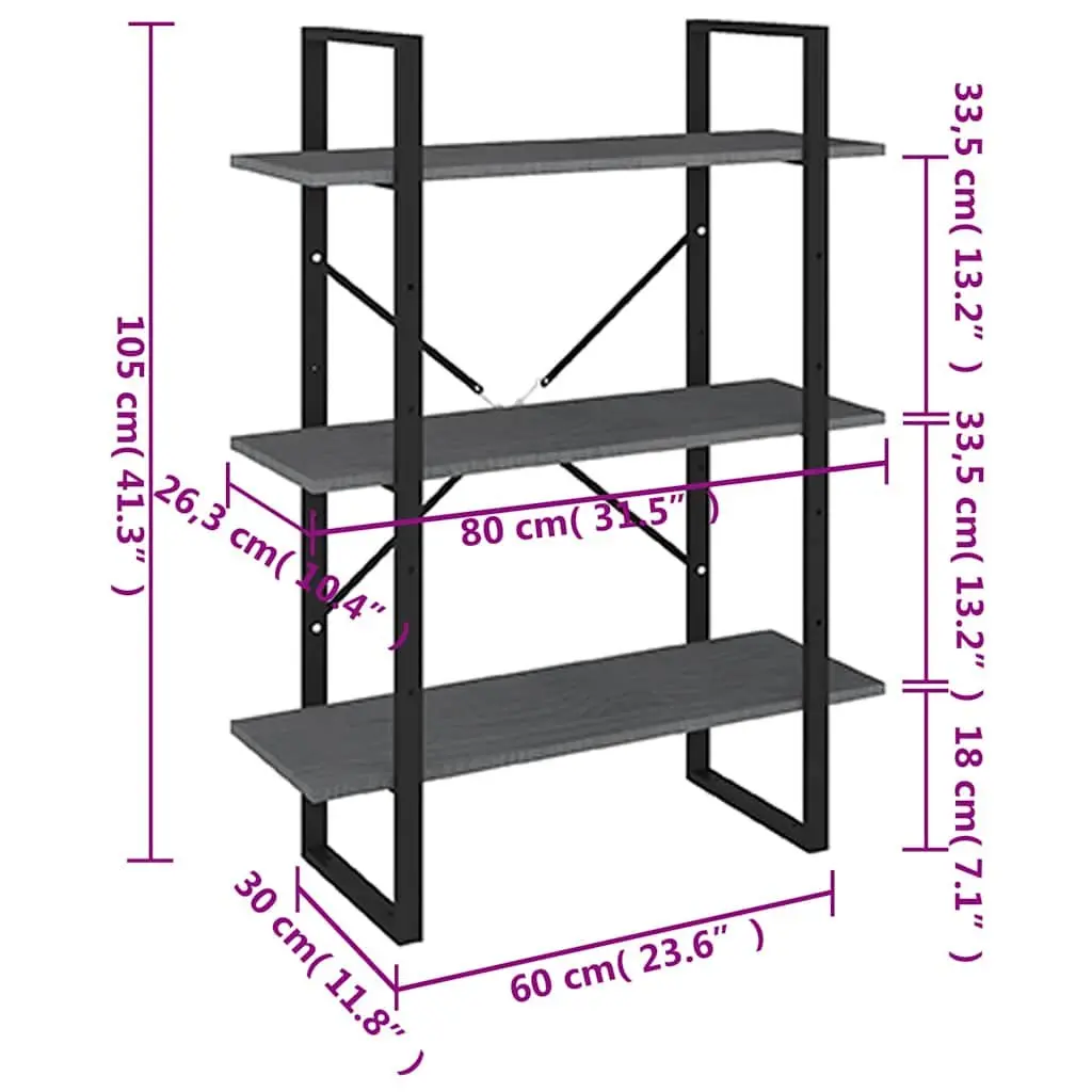 Wooden Book Cabinet Grey Solid Pine 3 Tier Storage Display Unit