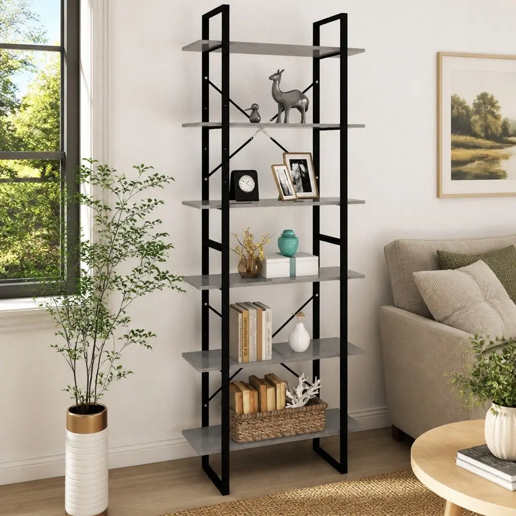 High Cabinet Grey Storage Bookcase Shelving Unit Engineered Wood Industrial Look