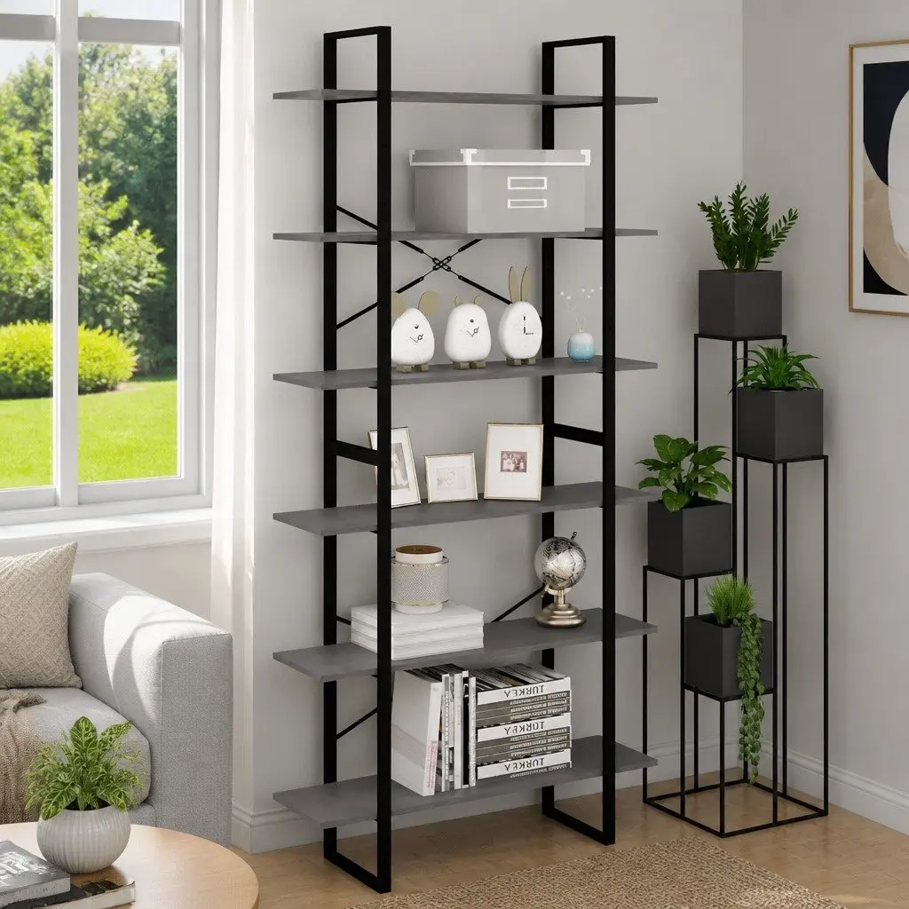 High Cabinet Solid Pine Wood Grey Bookcase Display Unit Six Shelves