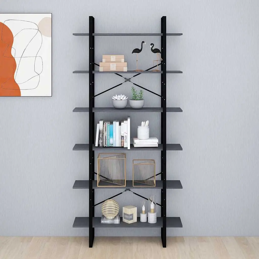 High Cabinet Solid Pine Wood Grey Bookcase Display Unit Six Shelves