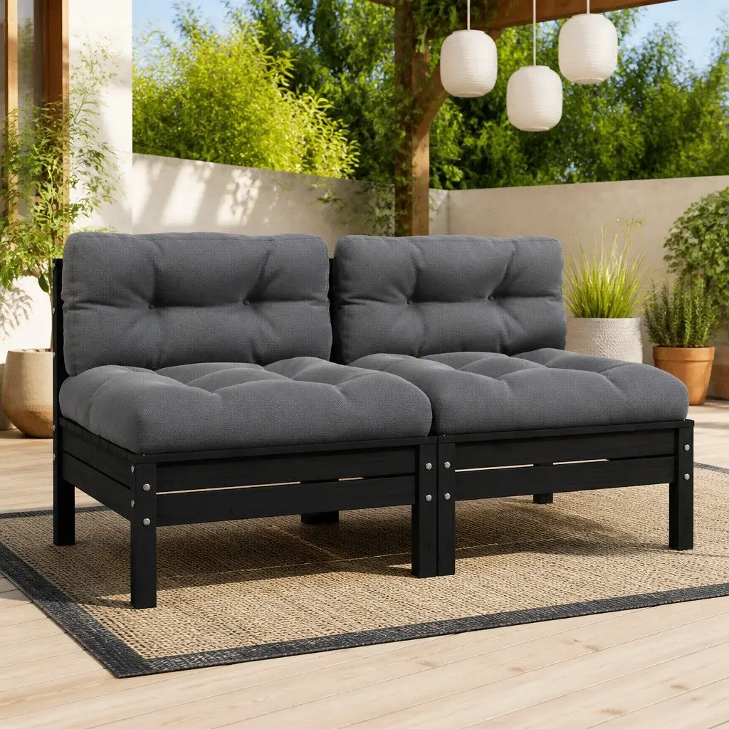 2-Seater Garden Sofa Solid Pinewood Modular Black Outdoor Patio Furniture