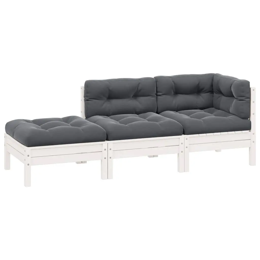 3 Piece Outdoor Garden Lounge Set Solid Pinewood Sectional Sofa with Cushions White