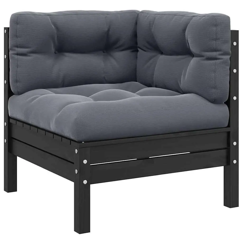 3 Piece Modular Lounge Set Black Cushioned Garden Sofa Solid Pinewood Outdoor Furniture