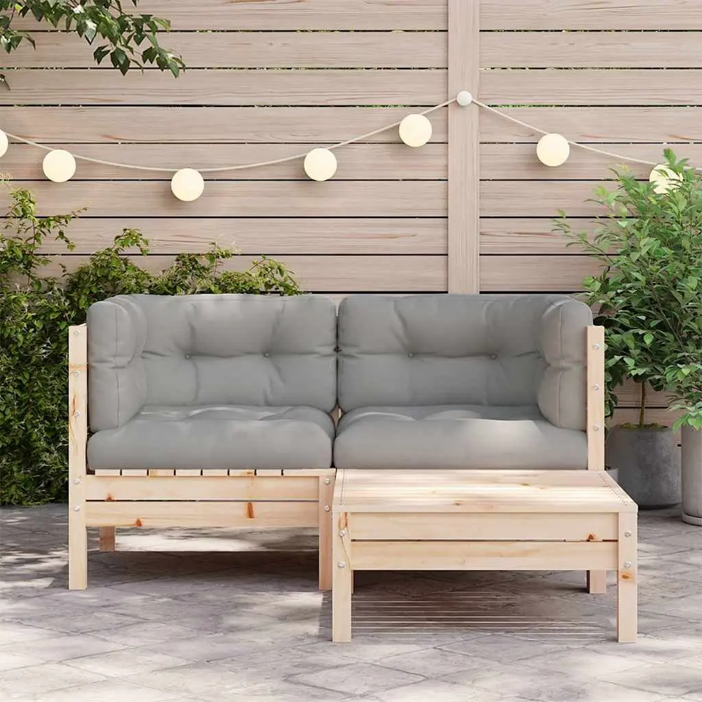 3 Piece Garden Lounge Set Solid Pinewood Modular Sofa Grey Cushions Outdoor Seating