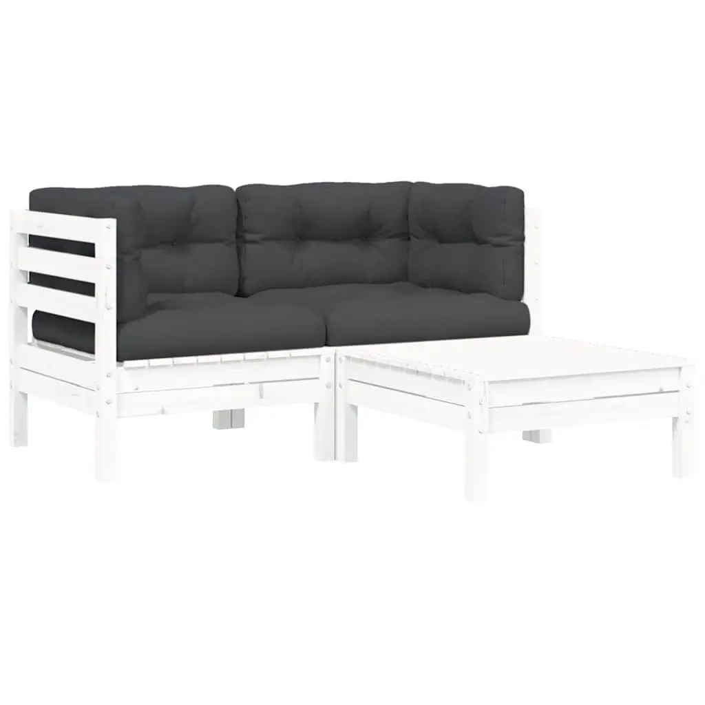3 Piece Outdoor Garden Lounge Set Solid Pinewood Modular Sectional Seating with Cushions White