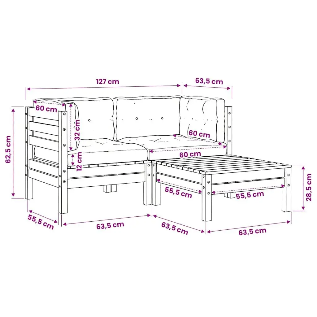 3 Piece Outdoor Garden Lounge Set Solid Pinewood Modular Sectional Seating with Cushions White