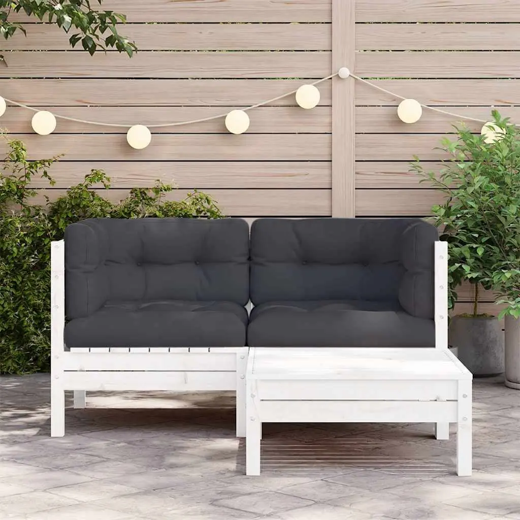 3 Piece Outdoor Garden Lounge Set Solid Pinewood Modular Sectional Seating with Cushions White