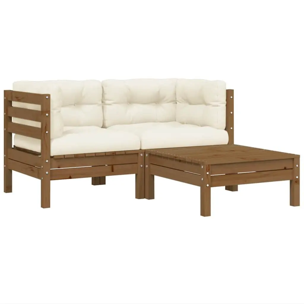 Garden Lounge Set Pinewood Brown Cream Cushions 3 Piece Outdoor Patio Sofa