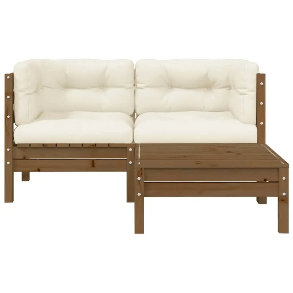 Garden Lounge Set Pinewood Brown Cream Cushions 3 Piece Outdoor Patio Sofa