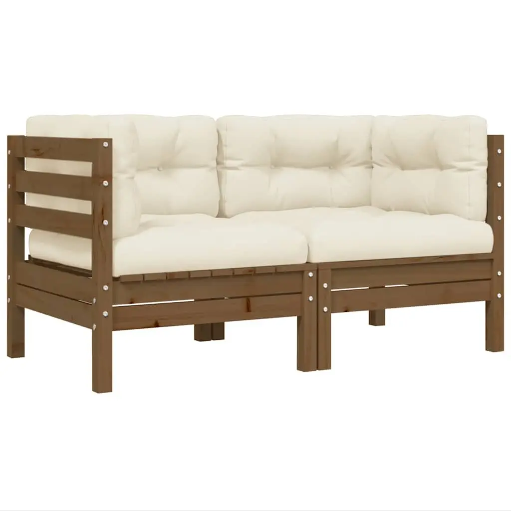 Garden Lounge Set Pinewood Brown Cream Cushions 3 Piece Outdoor Patio Sofa