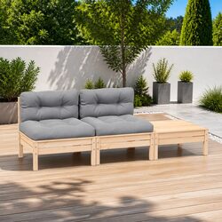 3 Piece Garden Lounge Set Grey Cushions Solid Pinewood Outdoor Sectional Patio