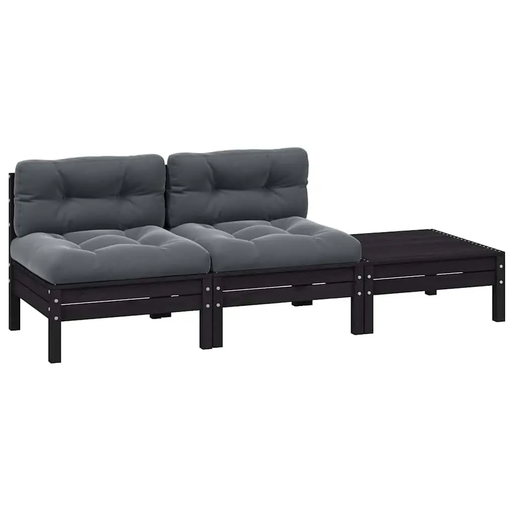 3 Piece Modular Garden Lounge Set Black Pinewood with Cushions Outdoor Patio