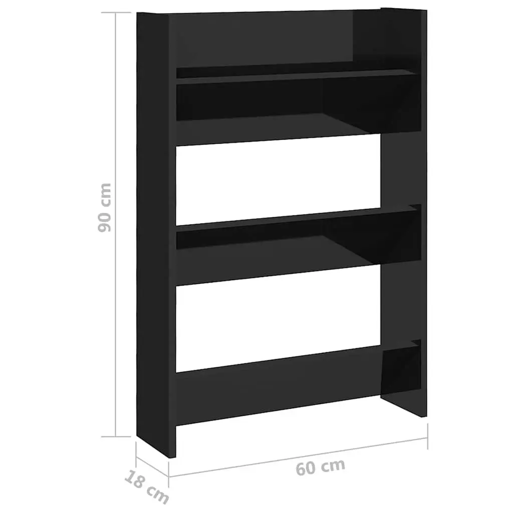Wall Mounted Shoe Cabinet Black High Gloss 3 Shelves Tipping Storage Organiser