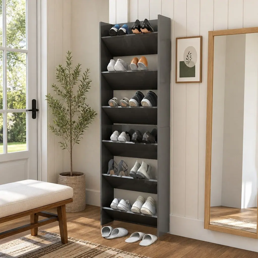 Wall Mounted Shoe Cabinet Engineered Wood 60x18x90cm Grey High Gloss 2 Piece