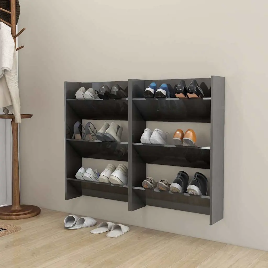 Wall Mounted Shoe Cabinet Engineered Wood 60x18x90cm Grey High Gloss 2 Piece