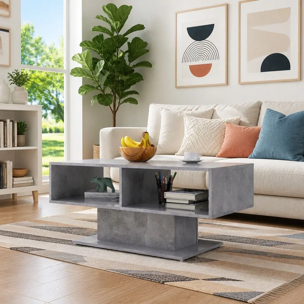 Coffee Table Engineered Wood 103.5 x 50 x 44.5 cm Grey Storage Shelf Modern Living Room Accent Furniture