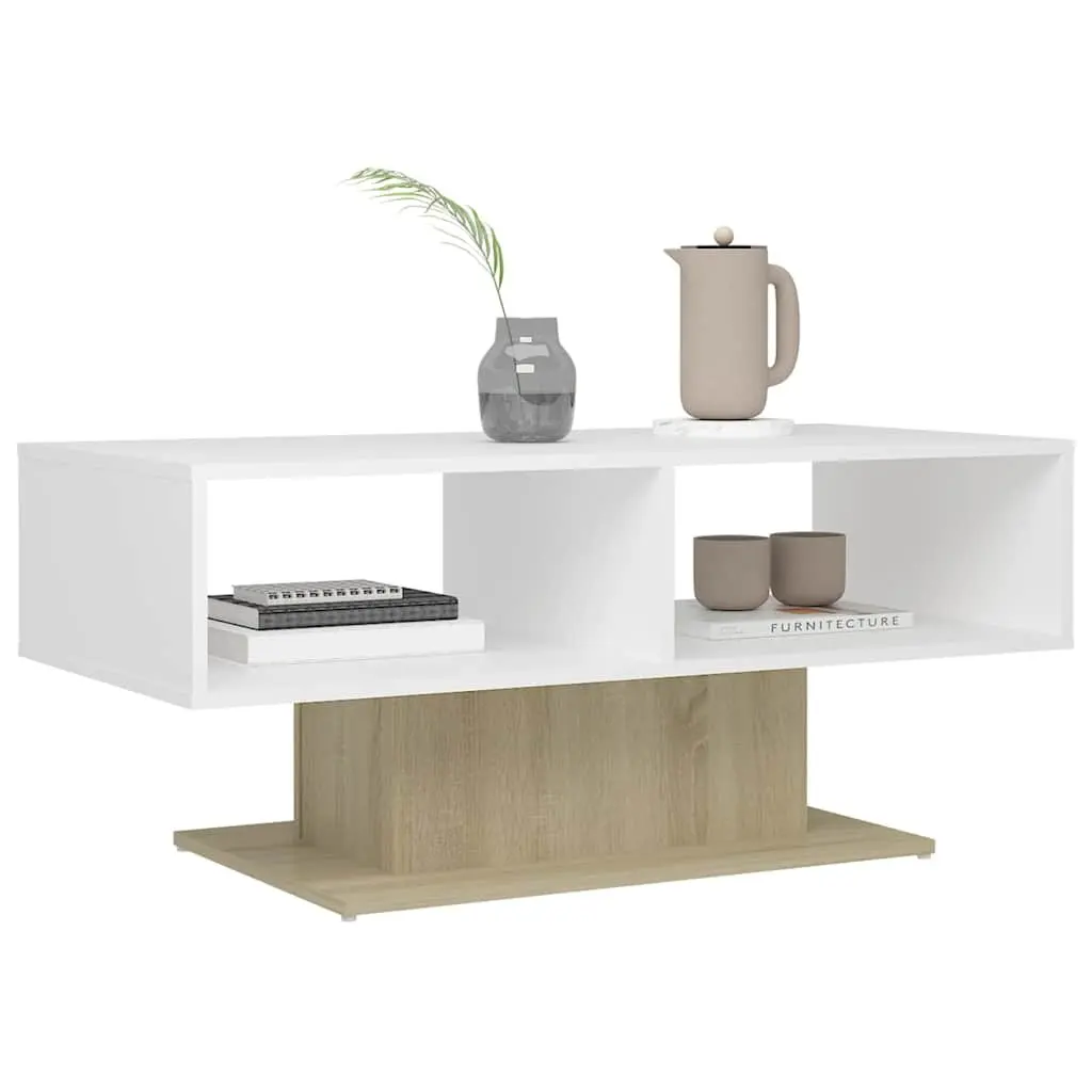 Coffee Table Engineered Wood 103.5 x 50 x 44.5 cm White Storage Shelf Living Room Side Table