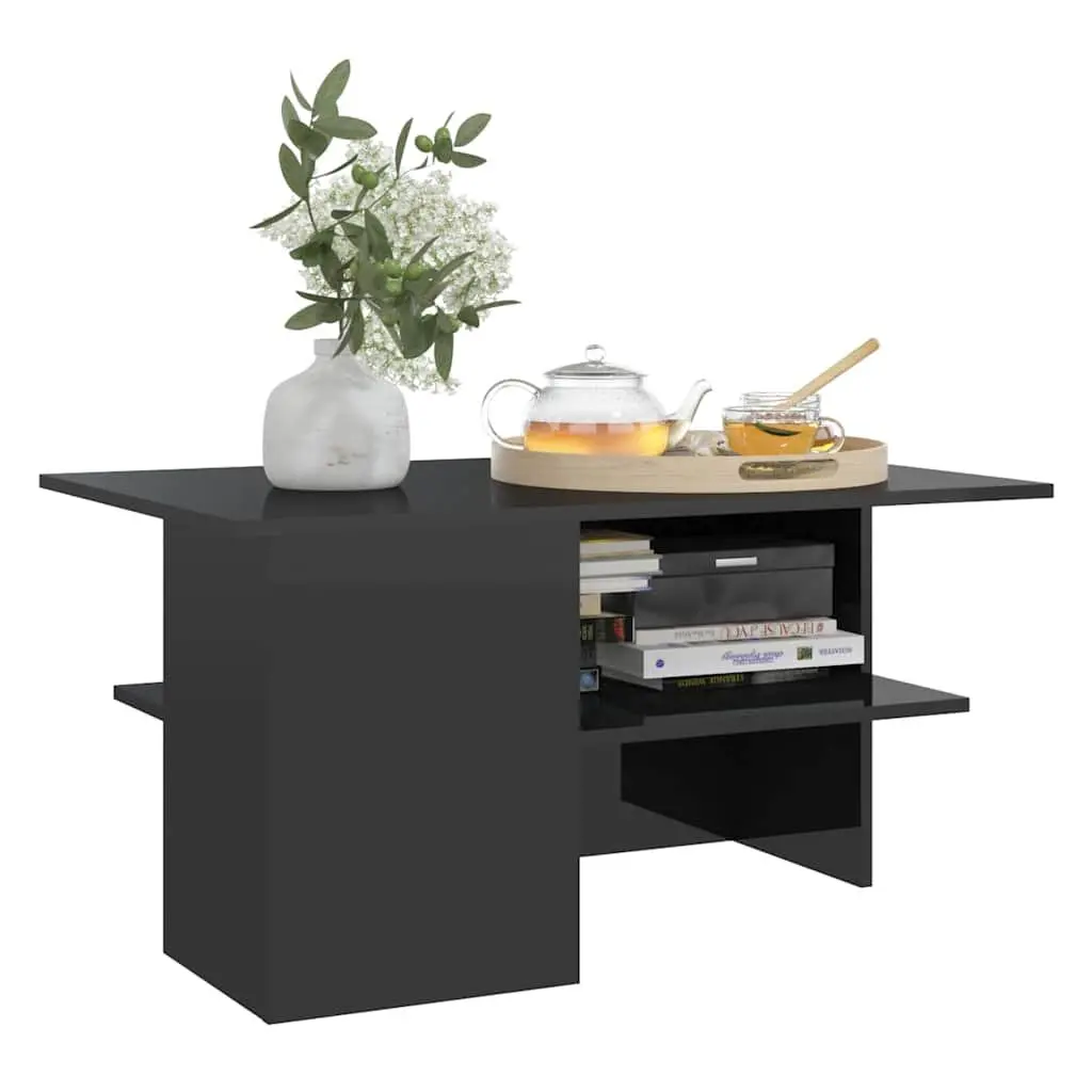 Coffee Table Engineered Wood High Gloss Black Storage Shelf 90L x 60W x 46.5H cm