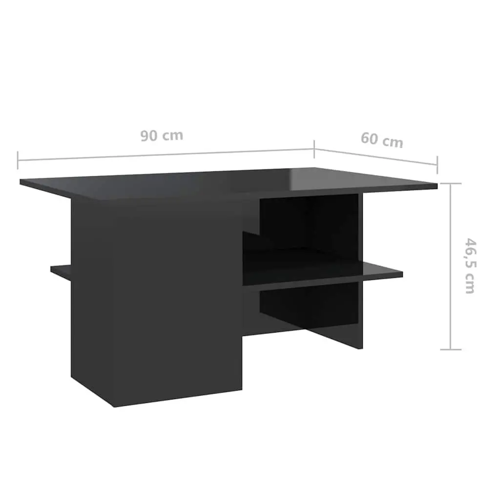Coffee Table Engineered Wood High Gloss Black Storage Shelf 90L x 60W x 46.5H cm