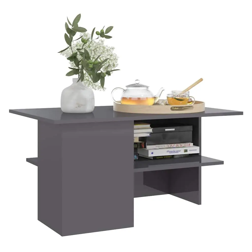 Coffee Table High Gloss Engineered Wood 90 x 60 x 46.5 cm Grey Modern Living Room Storage Shelf Accent Furniture
