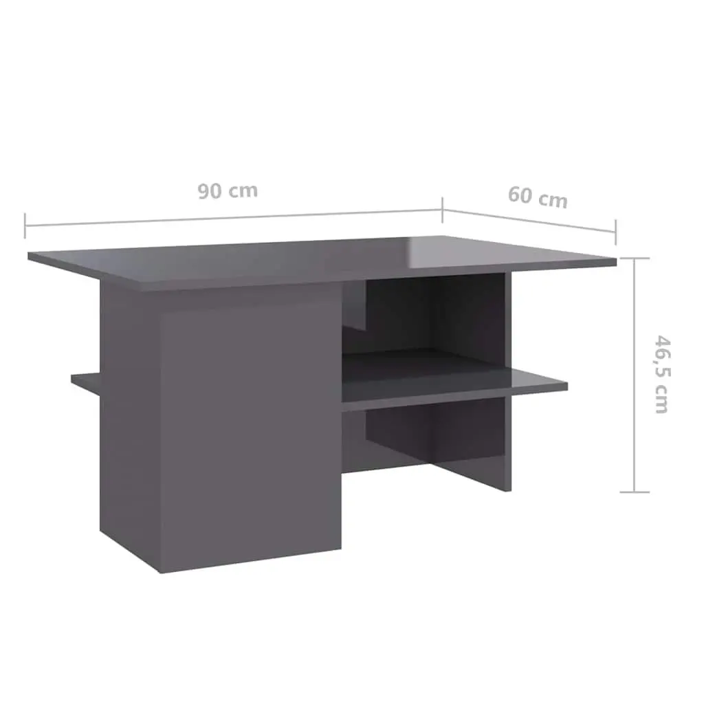 Coffee Table High Gloss Engineered Wood 90 x 60 x 46.5 cm Grey Modern Living Room Storage Shelf Accent Furniture