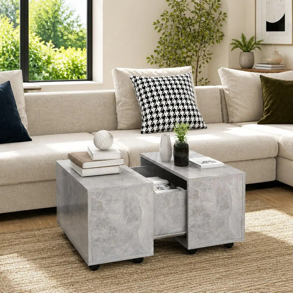 Grey Engineered Wood Coffee Table Extendable 60x60x38cm with Wheels