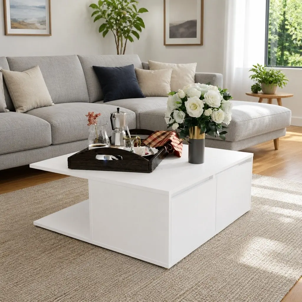 Coffee Table Engineered Wood White 80x80x31cm with Drawers and Compartments for Living Room