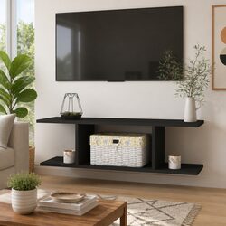 Wall Mounted TV Cabinet Grey Media Storage Living Room Floating Shelf Unit