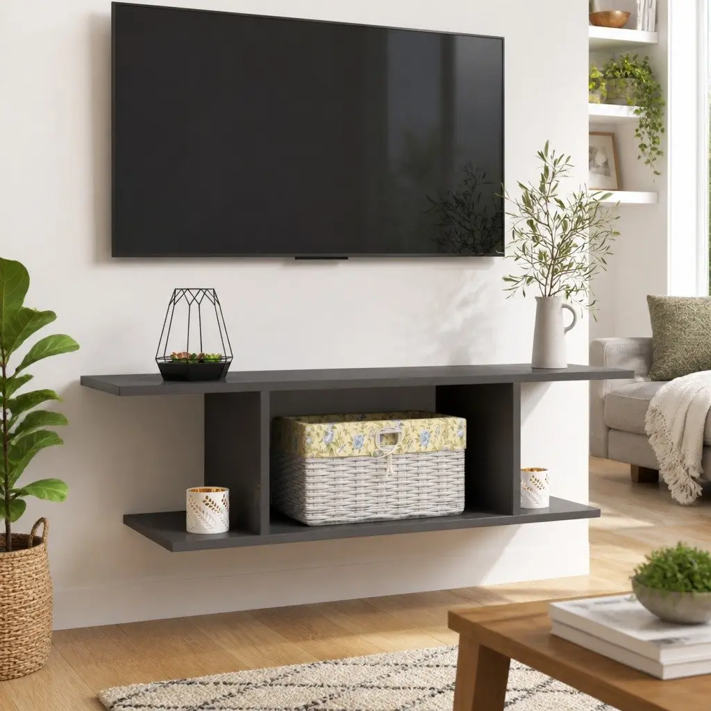 High Gloss Grey Wall Mounted TV Stand Contemporary Living Room Storage Unit 103x30x26.5cm