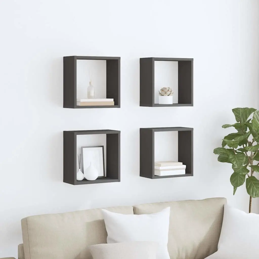 Wall Cube Shelves Grey Floating Storage Display Organiser 4 Piece