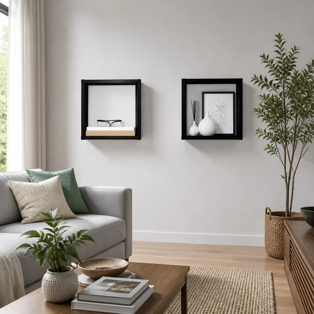 Set of 2 Black Wall Mounted Cube Shelves Floating Storage Display Organizers for Living Room