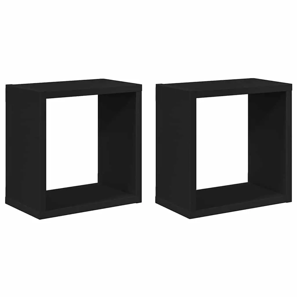 Set of 2 Black Wall Mounted Cube Shelves Floating Storage Display Organizers for Living Room
