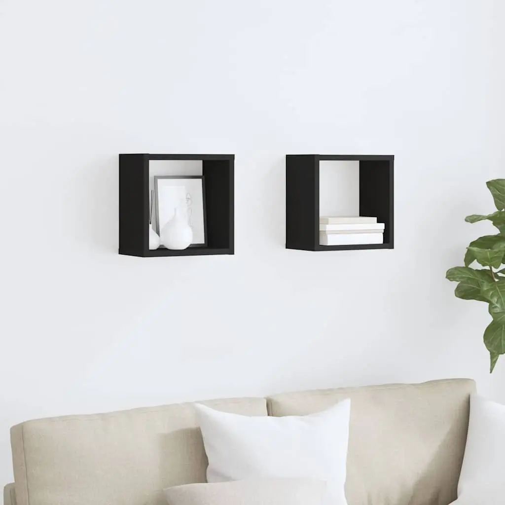 Set of 2 Black Wall Mounted Cube Shelves Floating Storage Display Organizers for Living Room