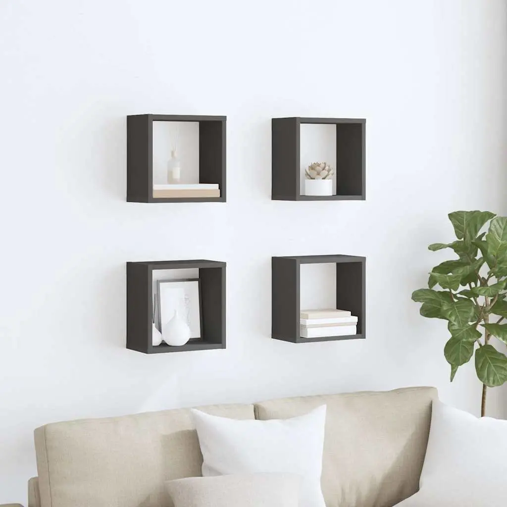 Grey Floating Cube Shelf Set 4 Pieces Wall Mounted Storage Display for Home Organization 26x15x26cm