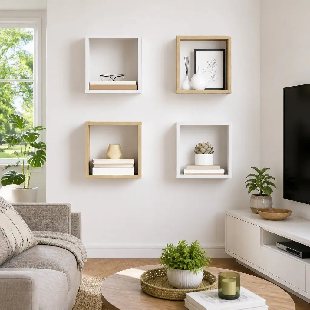 Wall Cube Shelves Floating Storage Display Organizer White Sonoma Oak 26x15x26 cm 4 Pieces