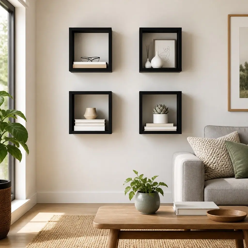 Floating Wall Cubes Black Storage Organizer Set of 4 Durable Display Shelves 22x15x22cm