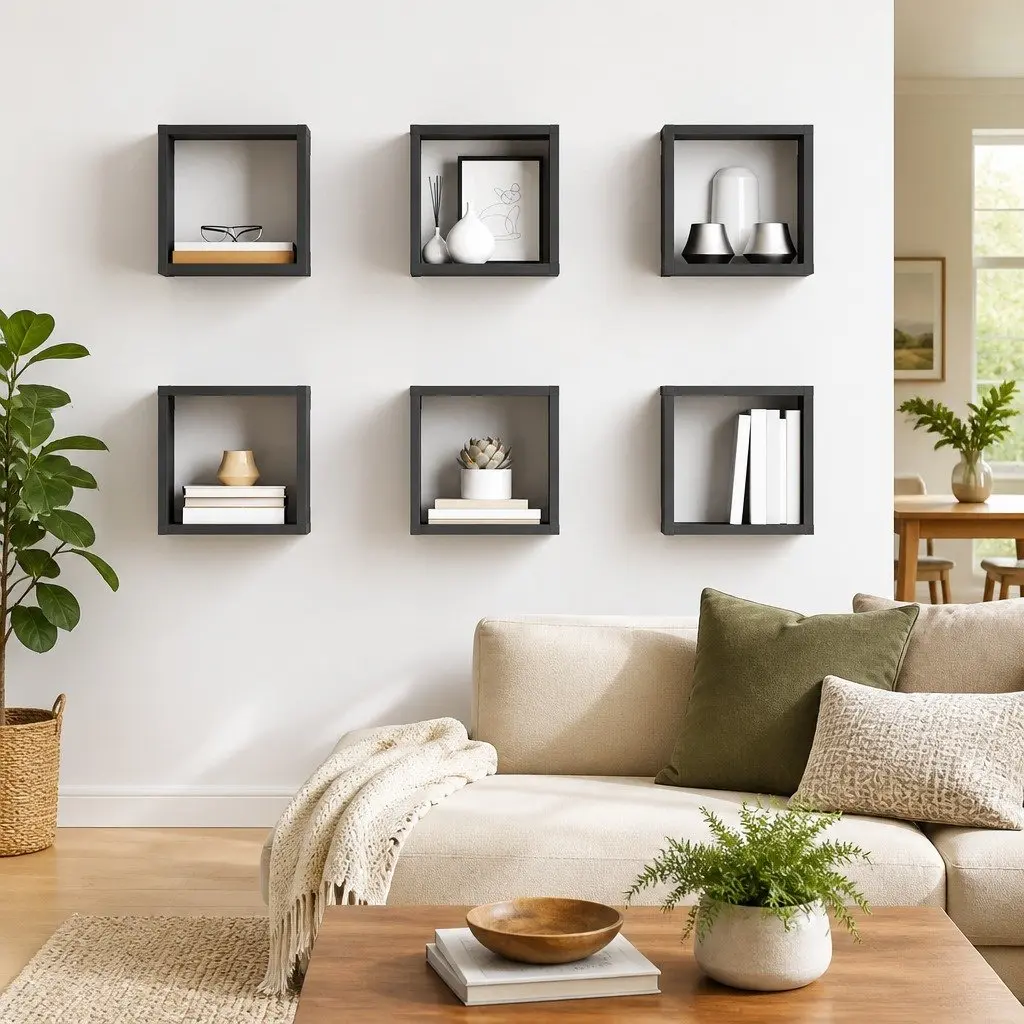 6 Piece Set Floating Wall Shelves Grey Cube Storage Display Organiser Home