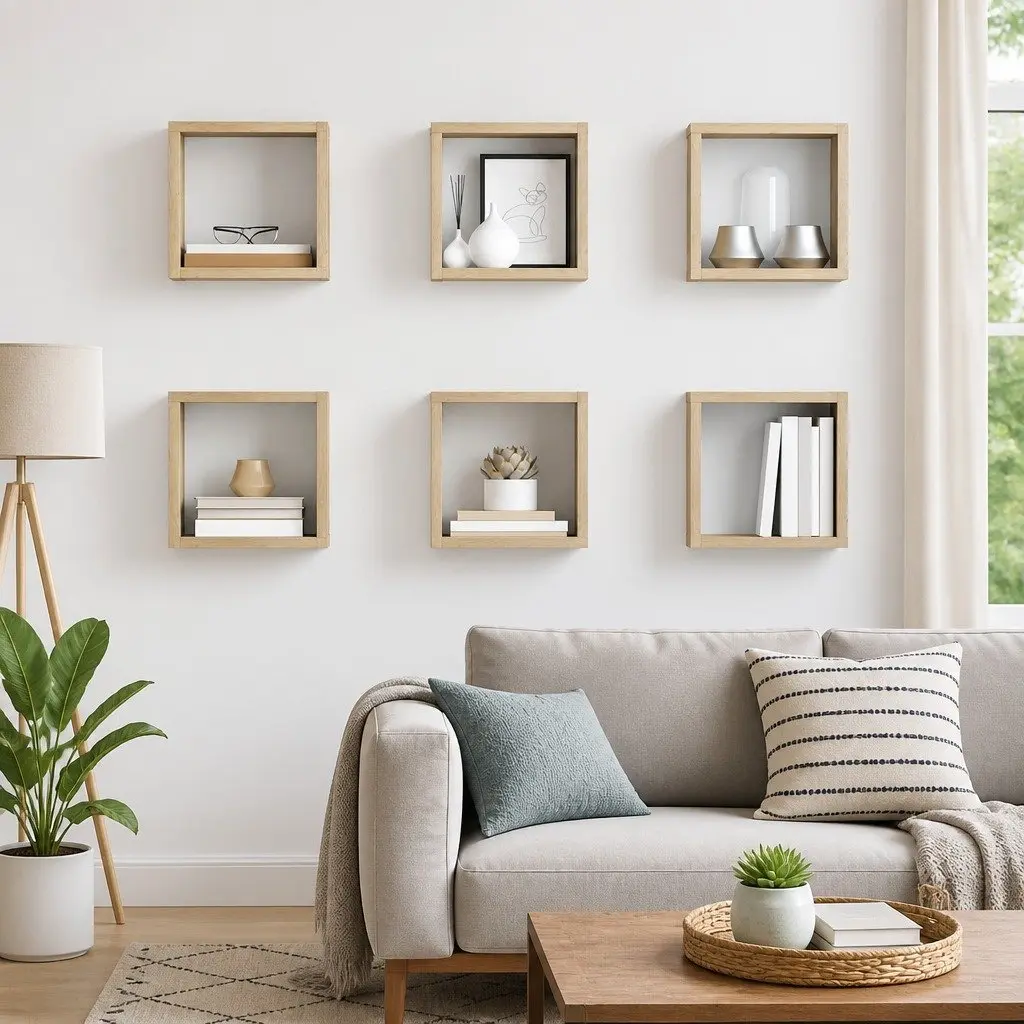 6 Piece Brown Floating Cube Shelves Wall Storage Organizer Home Decor